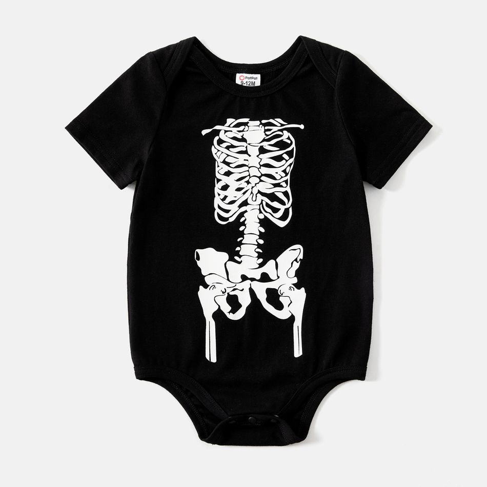Halloween Glow In The Dark Skeleton Print 95% Cotton Short-sleeve Black Bodycon T-shirt Dress for Mom and Me Black big image 12
