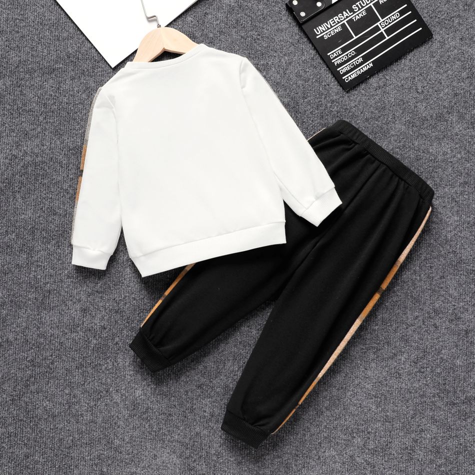 2pcs Toddler Boy Plaid Colorblock Pocket Design Sweatshirt and Black Pants Set BlackandWhite big image 2