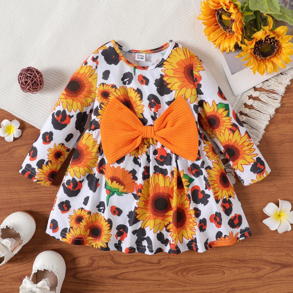 2-Pack Baby Girl Long-sleeve Solid Rib Knit and Allover Sunflower & Leopard Print Dresses Set MultiColour big image 2