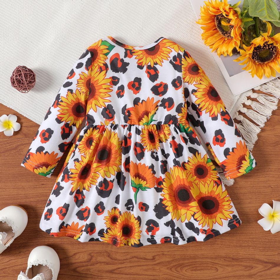 2-Pack Baby Girl Long-sleeve Solid Rib Knit and Allover Sunflower & Leopard Print Dresses Set MultiColour big image 3