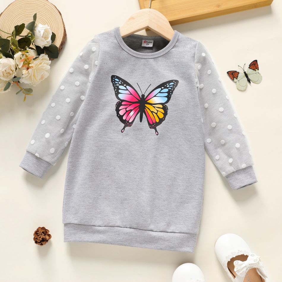 Toddler Girl Butterfly Polka Dots Mesh Layered Long-sleeve Grey Dress flowergrey
