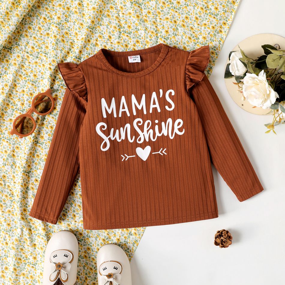 Toddler Girl Letter Print Ruffled Ribbed Long-sleeve Tee Brown