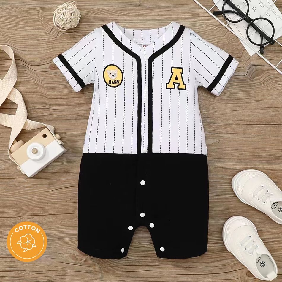Baby Boy 97% Cotton Short-sleeve Bear Badge Decor Striped Spliced Romper Black/White