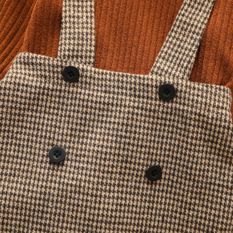 2pcs Toddler Girl Turtleneck Ribbed Long-sleeve Tee and Button Design Plaid Suspender Skirt Set Brown big image 4