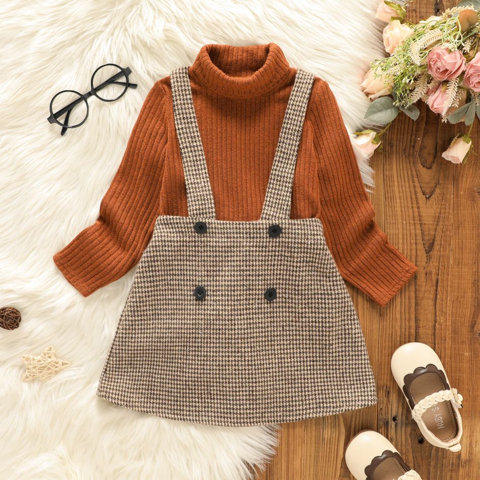 2pcs Toddler Girl Turtleneck Ribbed Long-sleeve Tee and Button Design Plaid Suspender Skirt Set Brown