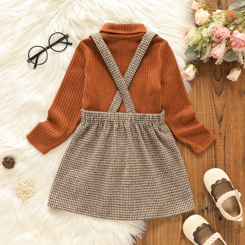 2pcs Toddler Girl Turtleneck Ribbed Long-sleeve Tee and Button Design Plaid Suspender Skirt Set Brown big image 2