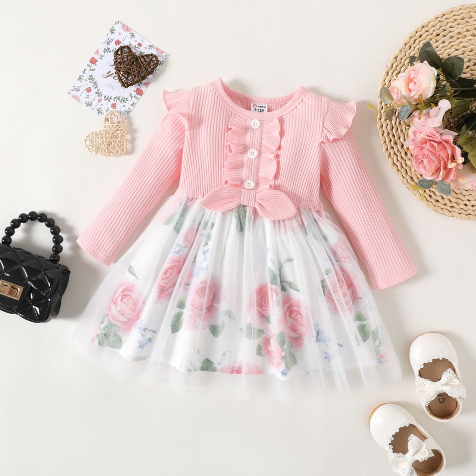 Baby Girl Pink Long-sleeve Rib Knit Ruffle Trim Spliced Floral Print Mesh Dress Light Pink big image 1