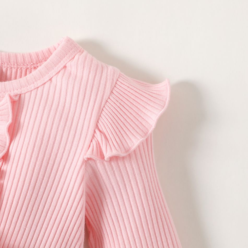 Baby Girl Pink Long-sleeve Rib Knit Ruffle Trim Spliced Floral Print Mesh Dress Light Pink big image 3