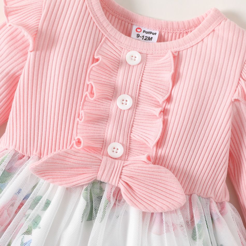 Baby Girl Pink Long-sleeve Rib Knit Ruffle Trim Spliced Floral Print Mesh Dress Light Pink big image 4