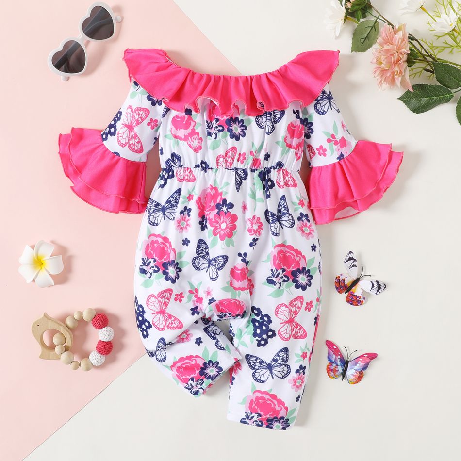Baby Girl Contrast Color Ruffle Trim Bell Sleeve Spliced Allover Butterfly & Floral Print Jumpsuit Color block big image 2
