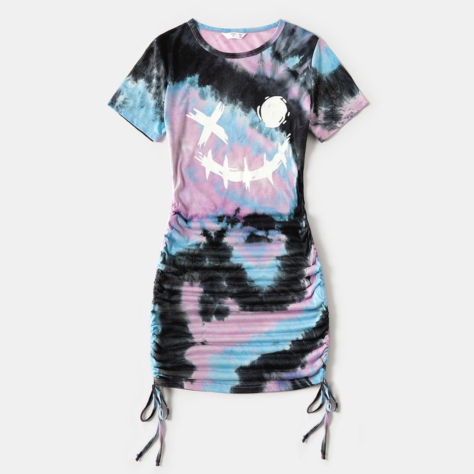 Halloween Tie Dye Graphic Short-sleeve Drawstring Ruched Bodycon Dress for Mom and Me Black/Pink big image 2