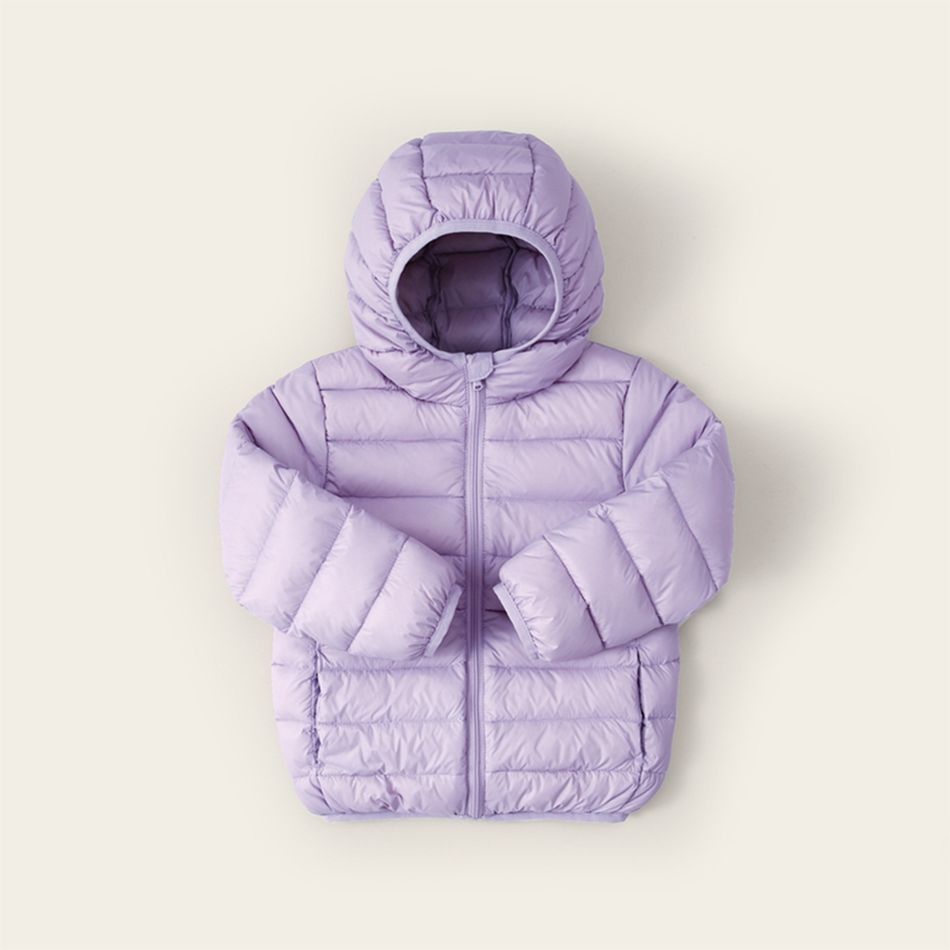 Kid Girl Solid Color Portable Lightweight Packable Hooded Puffer Down Coat Light Purple big image 3