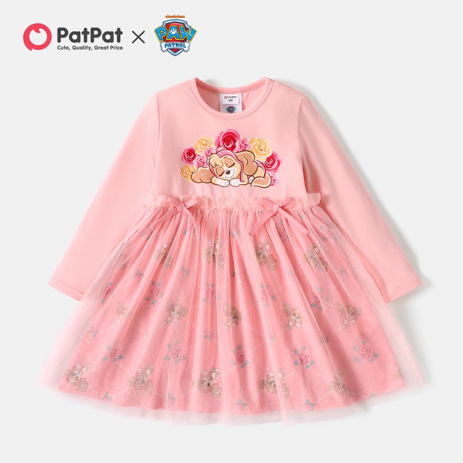 PAW Patrol Toddler Girl Letter Print Bowknot Mesh Design Long-sleeve Pink Cotton Dress Pink big image 2