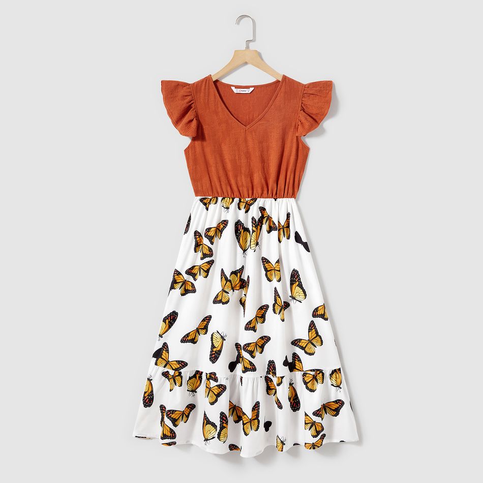 Mommy and Me 100% Cotton Flutter-sleeve Solid Spliced Allover Butterfly Print Ruffle Hem Dress YellowBrown big image 2