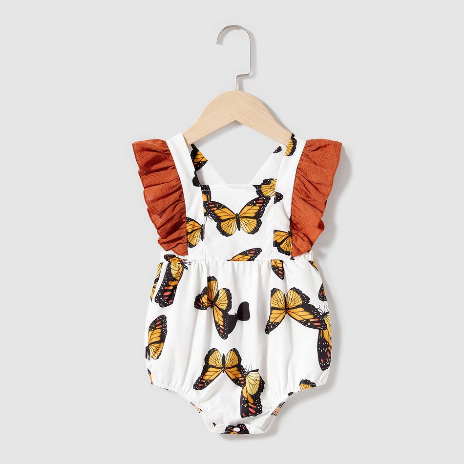 Mommy and Me 100% Cotton Flutter-sleeve Solid Spliced Allover Butterfly Print Ruffle Hem Dress YellowBrown big image 8