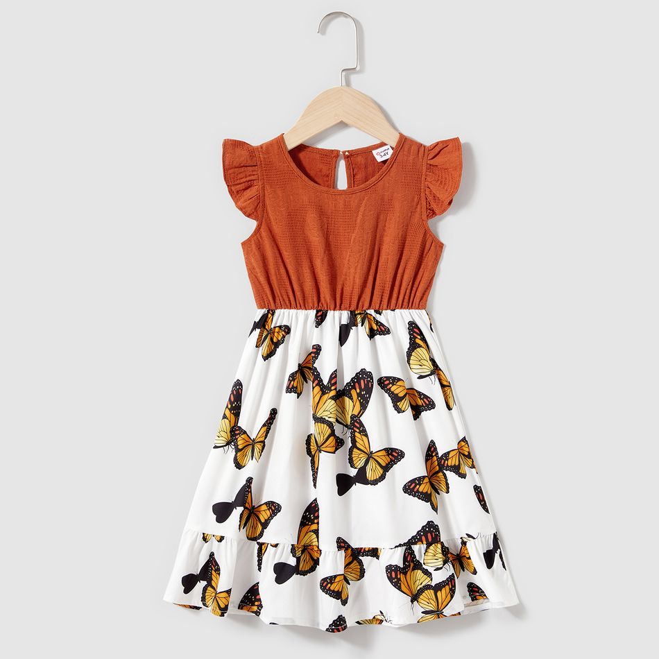 Mommy and Me 100% Cotton Flutter-sleeve Solid Spliced Allover Butterfly Print Ruffle Hem Dress YellowBrown big image 7
