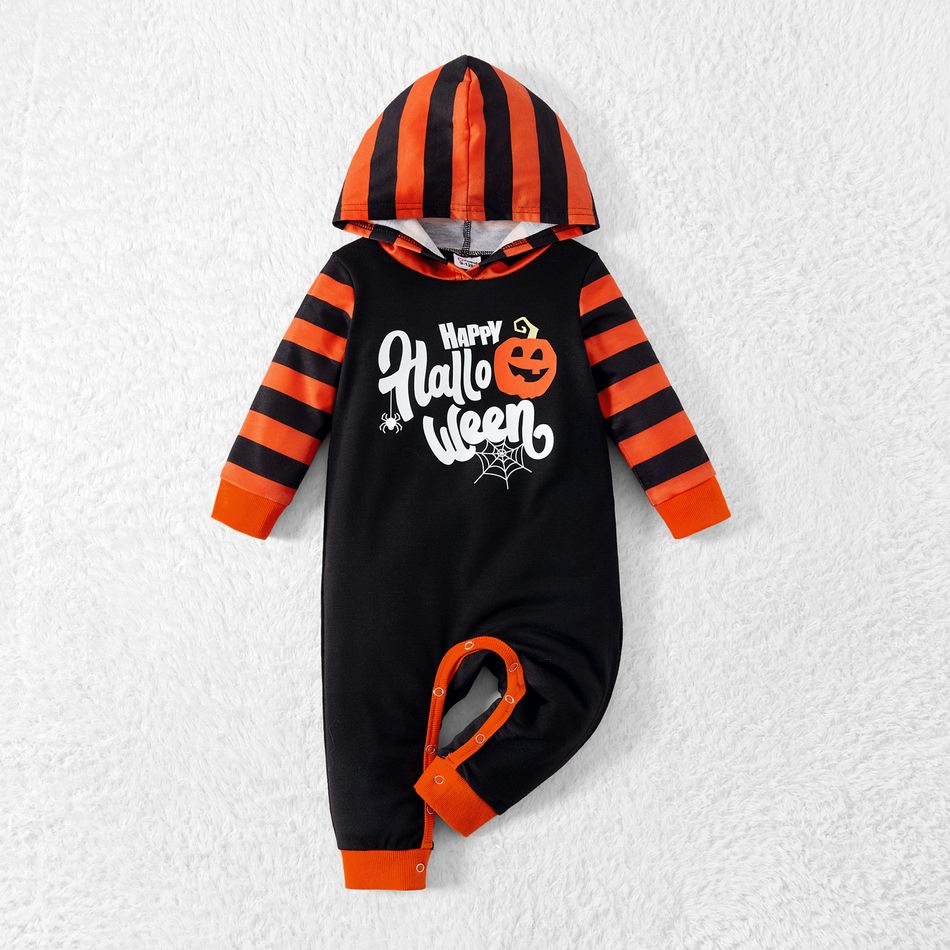 Halloween Pumpkin & Letter Print Spliced Striped Long-sleeve Sibling Matching Set Black big image 6