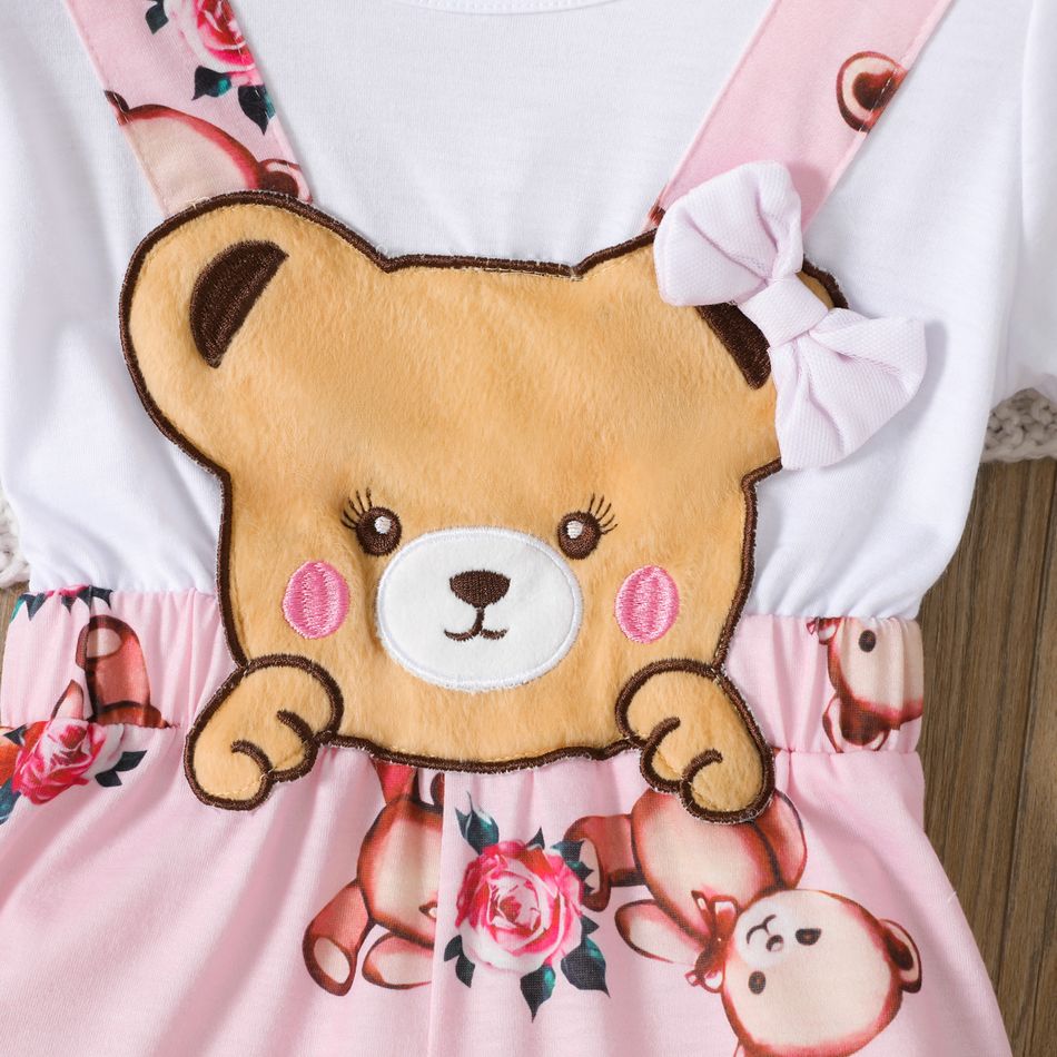 Toddler Girl Faux-two Cute Bear Floral Print Bowknot Design Short-sleeve Rompers White big image 3