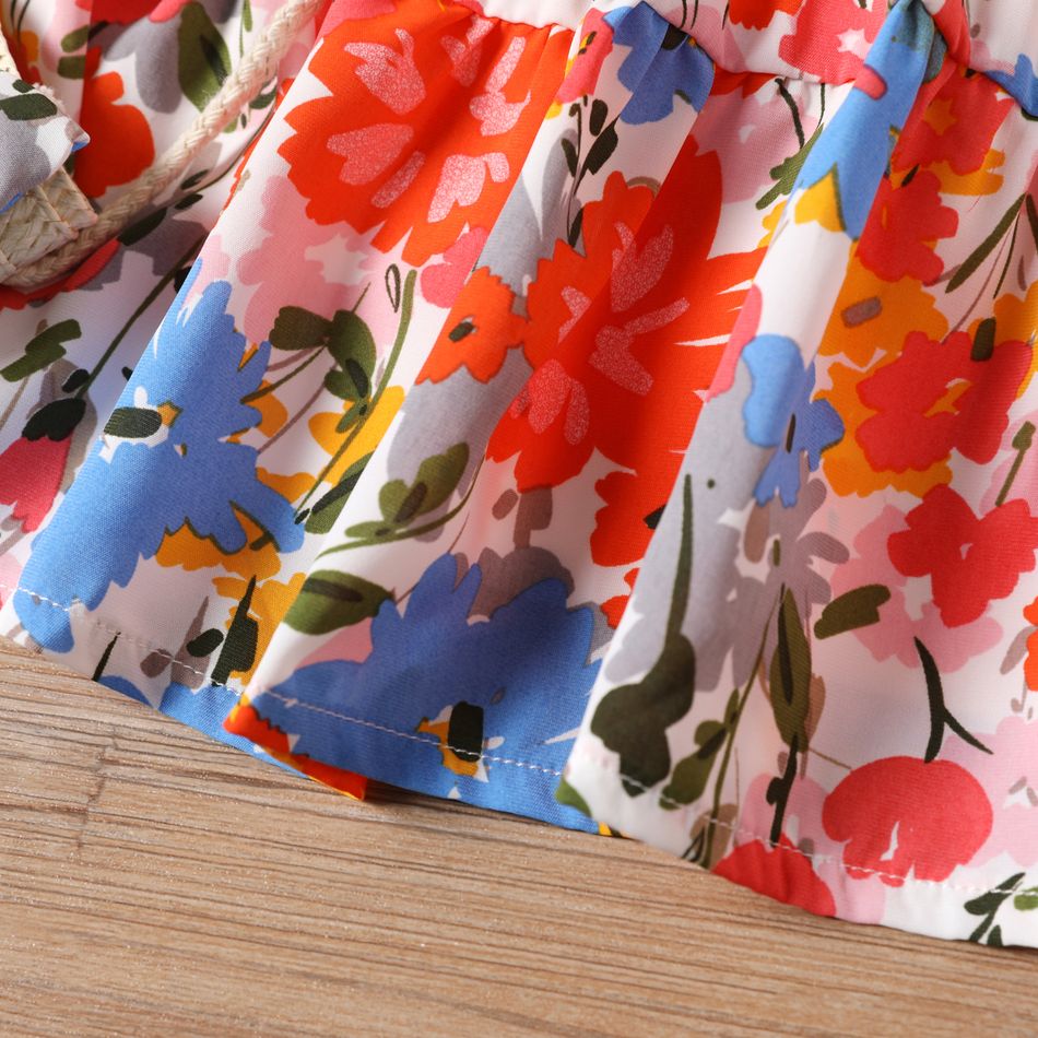2 قطع طفلة كل انحاء الأزهار طباعة مكشكشة تريم فستان دبابة شيفون مع مجموعة حقيبة crossbody متعدد الألوان big image 3