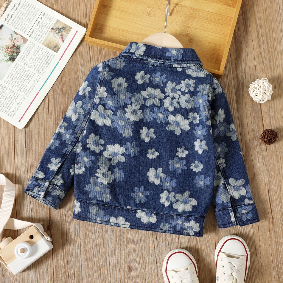 Toddler Girl/Boy Trendy Floral Print Lapel Collar Denim Jacket Blue big image 2