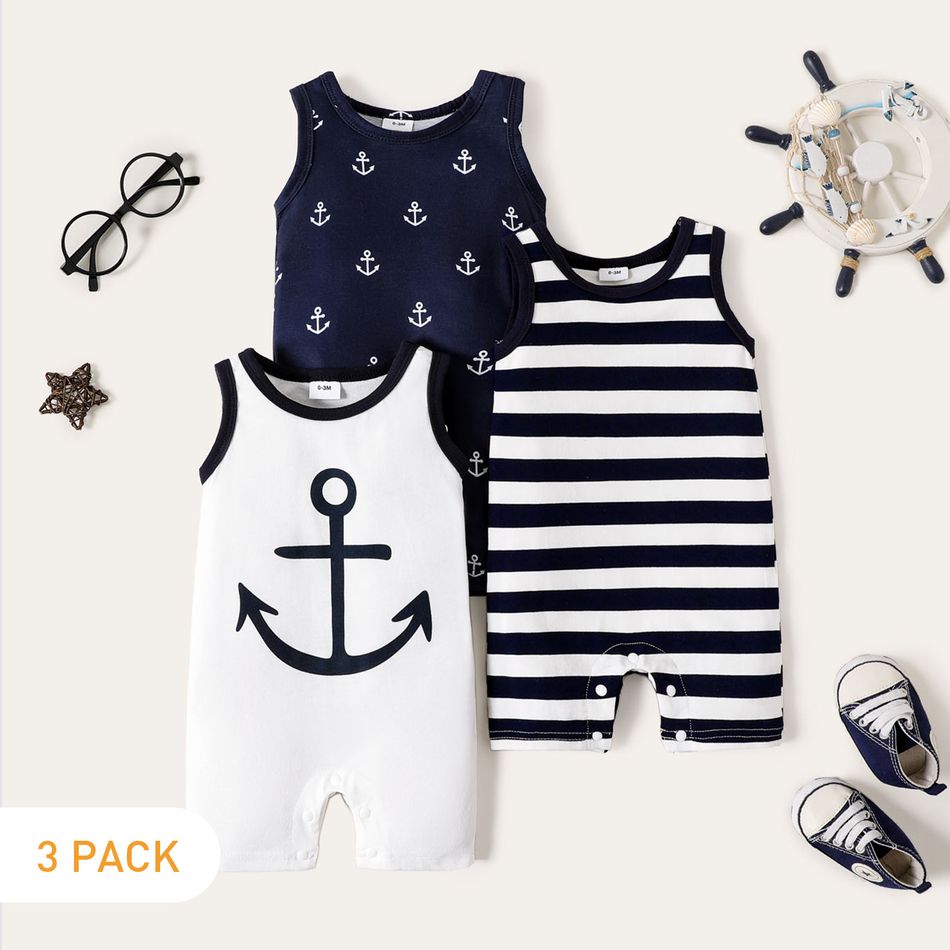 3-Pack Baby Boy 100% Cotton Anchor Print and Striped Tank Rompers Set MultiColour