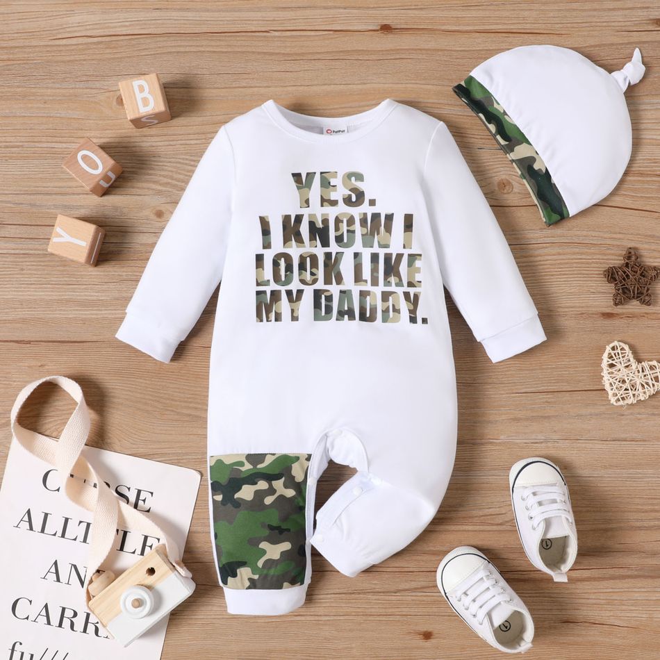 2pcs Baby Boy Camouflage Spliced Letter Print Long-sleeve Jumpsuit with Hat Set ColorBlock big image 1
