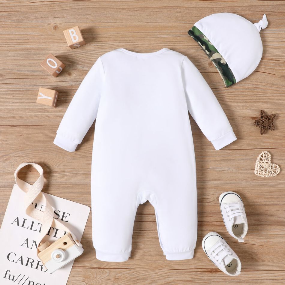 2pcs Baby Boy Camouflage Spliced Letter Print Long-sleeve Jumpsuit with Hat Set ColorBlock big image 2
