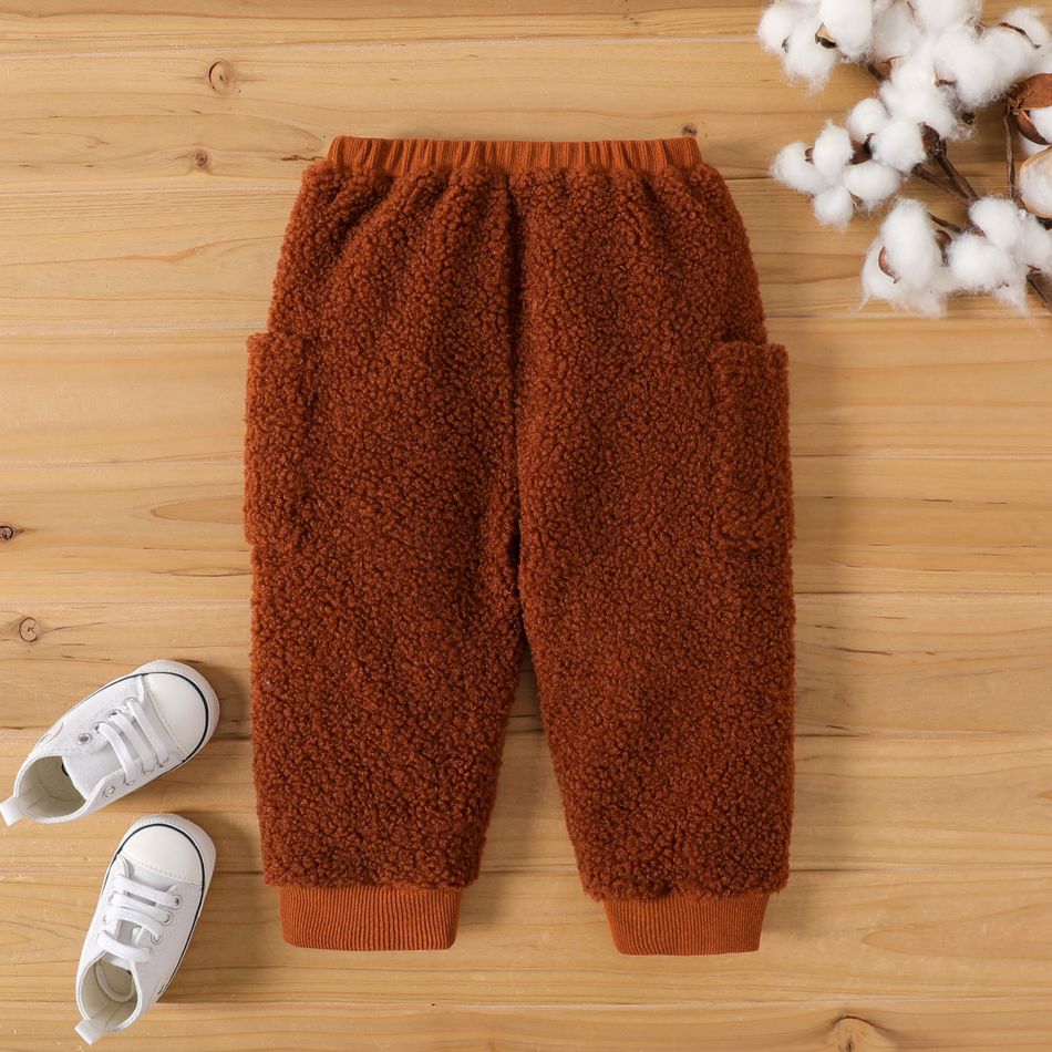 Baby Boy Solid Elastic Waist Fleece Pants Dark Brown big image 3