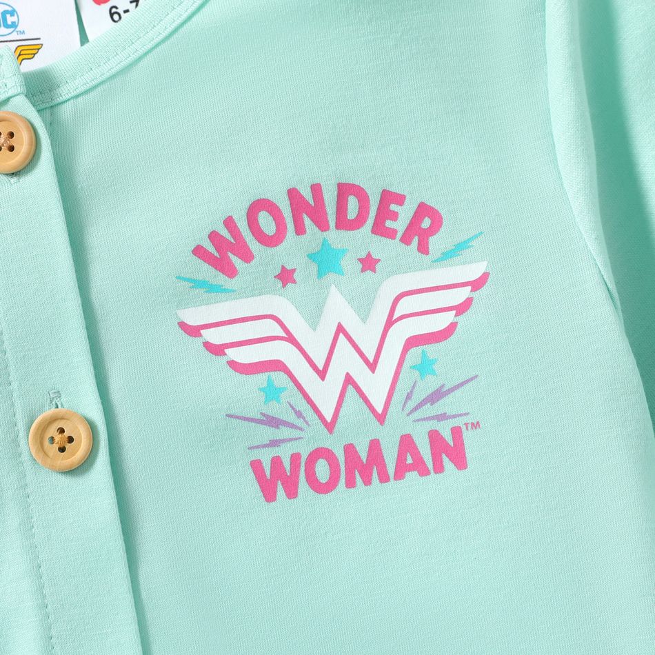 Wonder Woman 2pcs Kid Girl Allover Print Sleeveless Dress and  Button Design Cardigan Set Blue big image 2