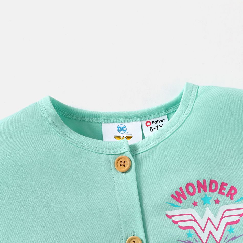 Wonder Woman 2pcs Kid Girl Allover Print Sleeveless Dress and  Button Design Cardigan Set Blue big image 4