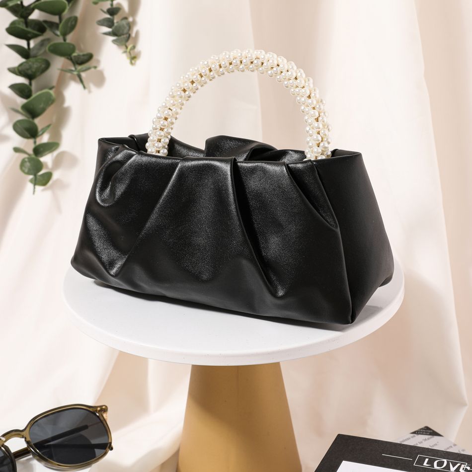 Women Faux Pearl Handle Ruched Satchel Bag Black
