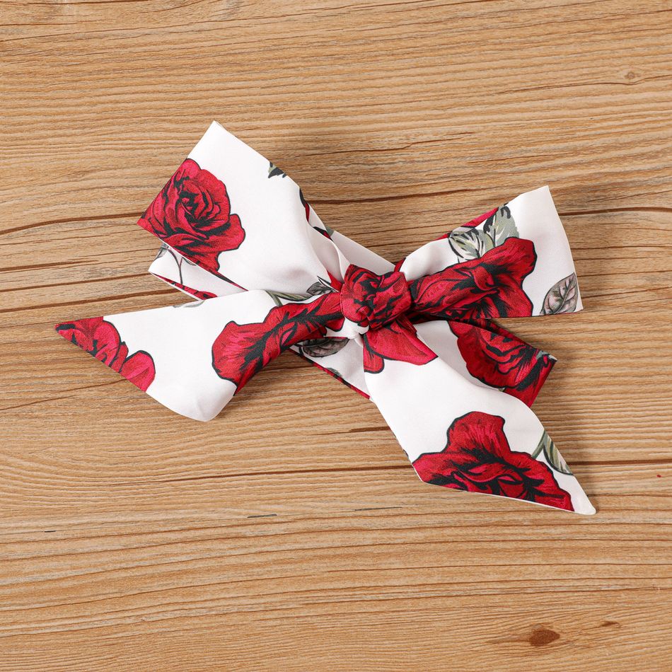 2pcs Baby Girl 100% Cotton Long-sleeve Solid Spliced Rose Floral Print Bow Front Bell Bottom Jumpsuit with Headband Set WineRed big image 5