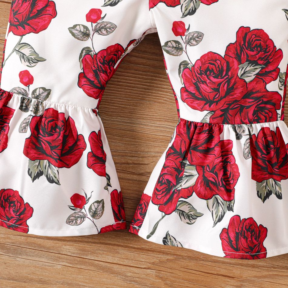 2pcs Baby Girl 100% Cotton Long-sleeve Solid Spliced Rose Floral Print Bow Front Bell Bottom Jumpsuit with Headband Set WineRed big image 4