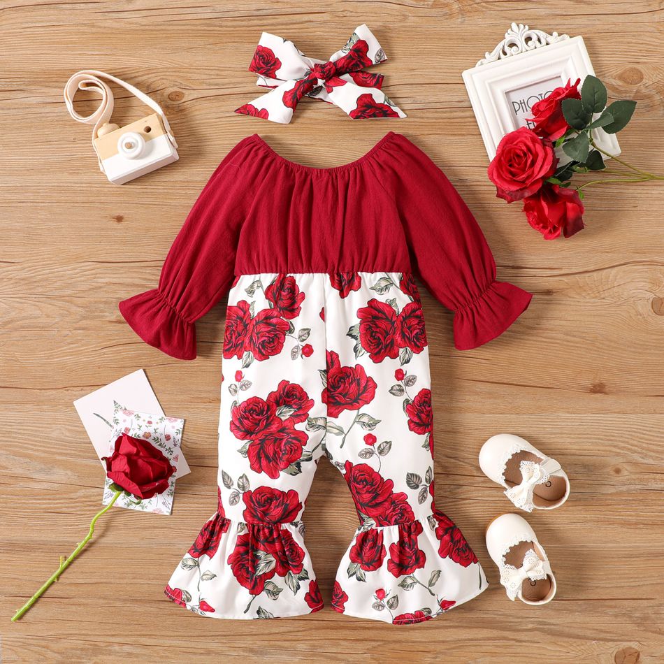2pcs Baby Girl 100% Cotton Long-sleeve Solid Spliced Rose Floral Print Bow Front Bell Bottom Jumpsuit with Headband Set WineRed big image 2