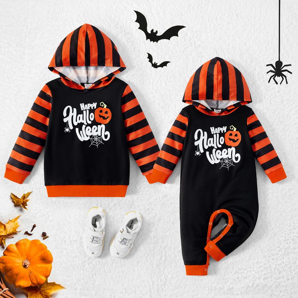 Halloween Pumpkin & Letter Print Spliced Striped Long-sleeve Sibling Matching Set Black