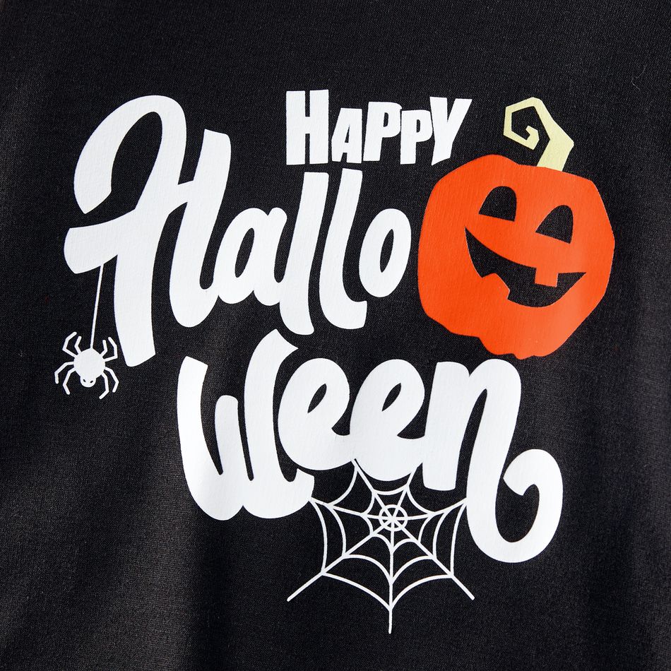 Halloween Pumpkin & Letter Print Spliced Striped Long-sleeve Sibling Matching Set Black big image 4