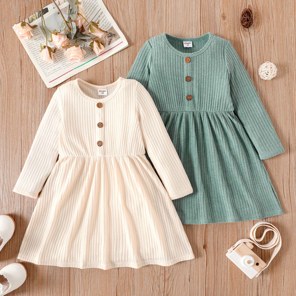 Toddler Girl Solid Color Button Design Ribbed Long-sleeve Dress Apricot big image 2