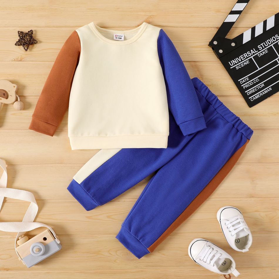 2pcs Baby Boy Long-sleeve Colorblock Sweatshirt and Sweatpants Set Color block big image 1