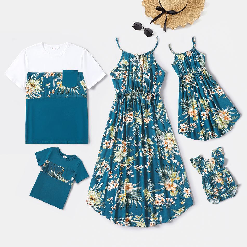 Family Matching Allover Floral Print Blue Cami Dresses and Cotton Short-sleeve Spliced T-shirts Sets Deep Blue