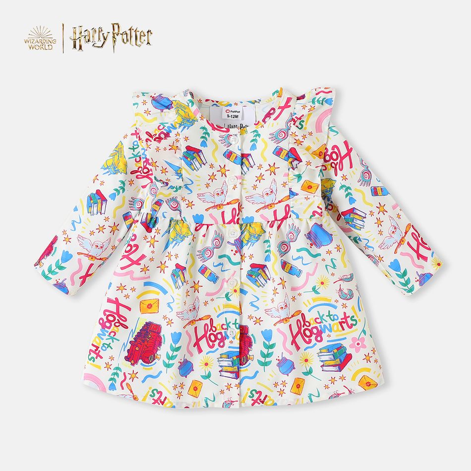 Harry Potter Baby Girl Allover Print Button Front Ruffle Trim Long-sleeve Dress Almond Beige big image 1