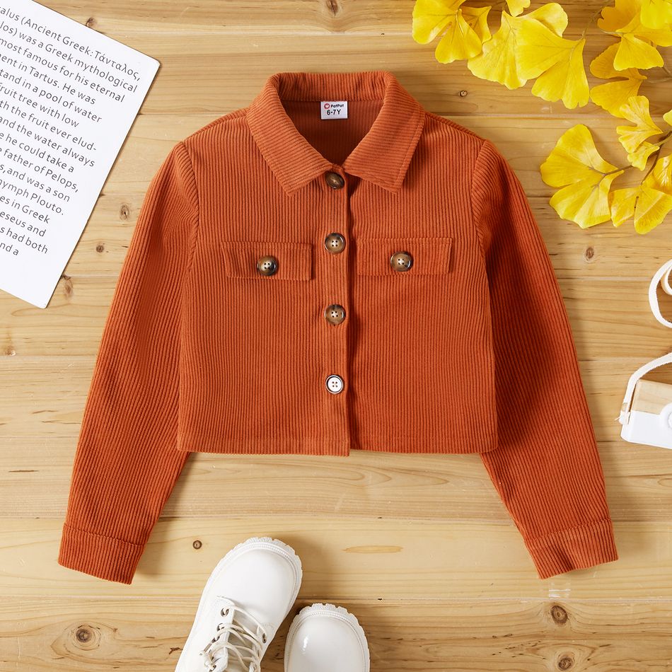 Fashionable Kid Girl Solid Design Ribbed Jacket Brown