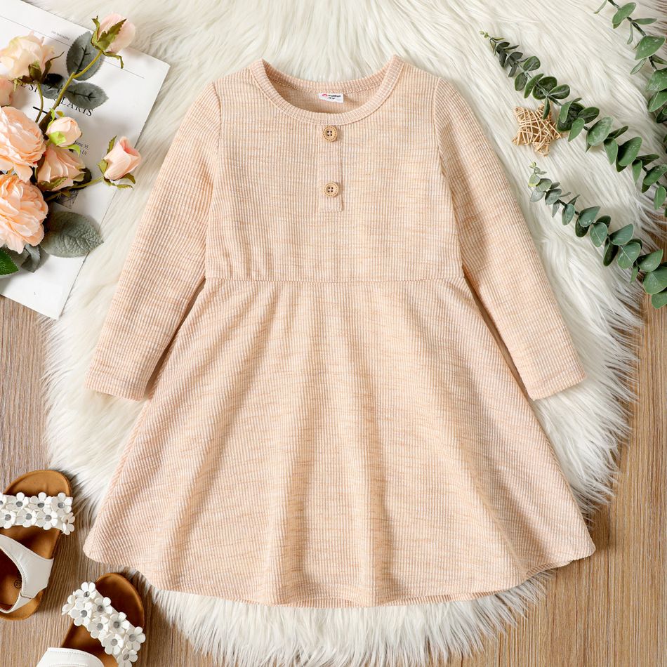 Toddler Girl Solid Color Button Design Ribbed Long-sleeve Dress Khaki