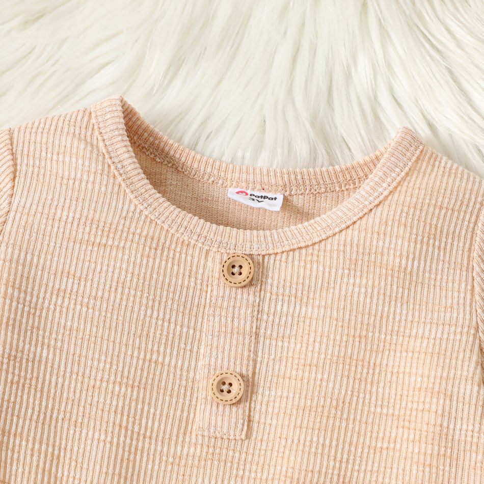 Toddler Girl Solid Color Button Design Ribbed Long-sleeve Dress Khaki big image 4