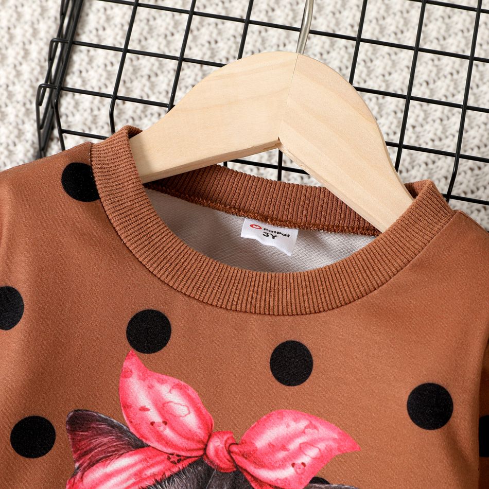 Toddler Girl Animal Cat Print Polka dots Brown Pullover Sweatshirt Brown big image 3