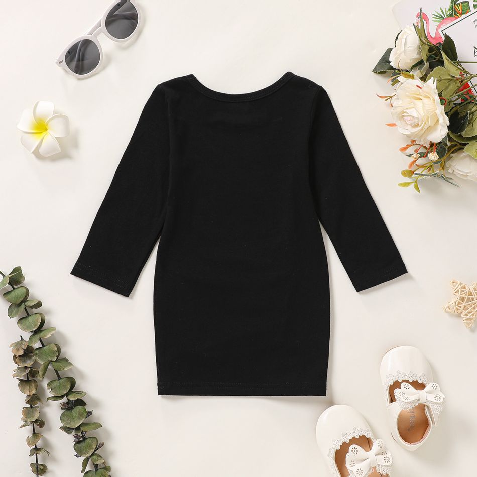 Baby Girl 95% Cotton Long-sleeve Solid Ruched Dress Black big image 3