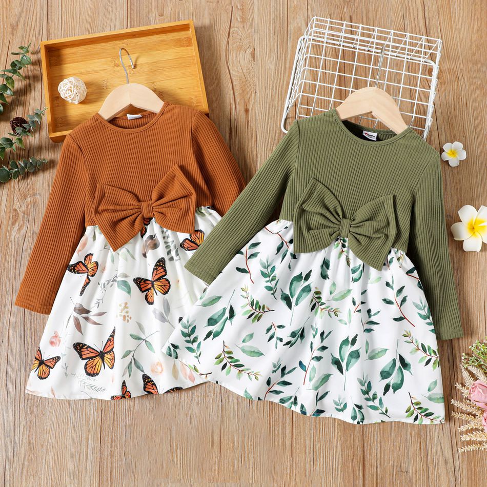 Toddler Girl Floral Leaf/Butterfly Print Splice Bowknot Design Long-sleeve Dress Brown big image 2