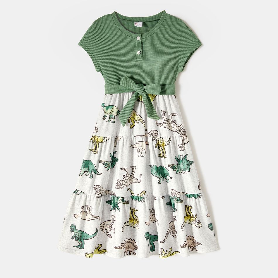 Family Matching Green Rib Knit Spliced Allover Dinosaur Print Dresses and Short-sleeve T-shirts Sets JadeGreen big image 6