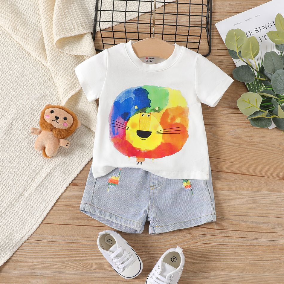 100% Cotton 2pcs Baby Boy Cartoon Lion Print Short-sleeve T-shirt and Ripped Denim Shorts Set OffWhite