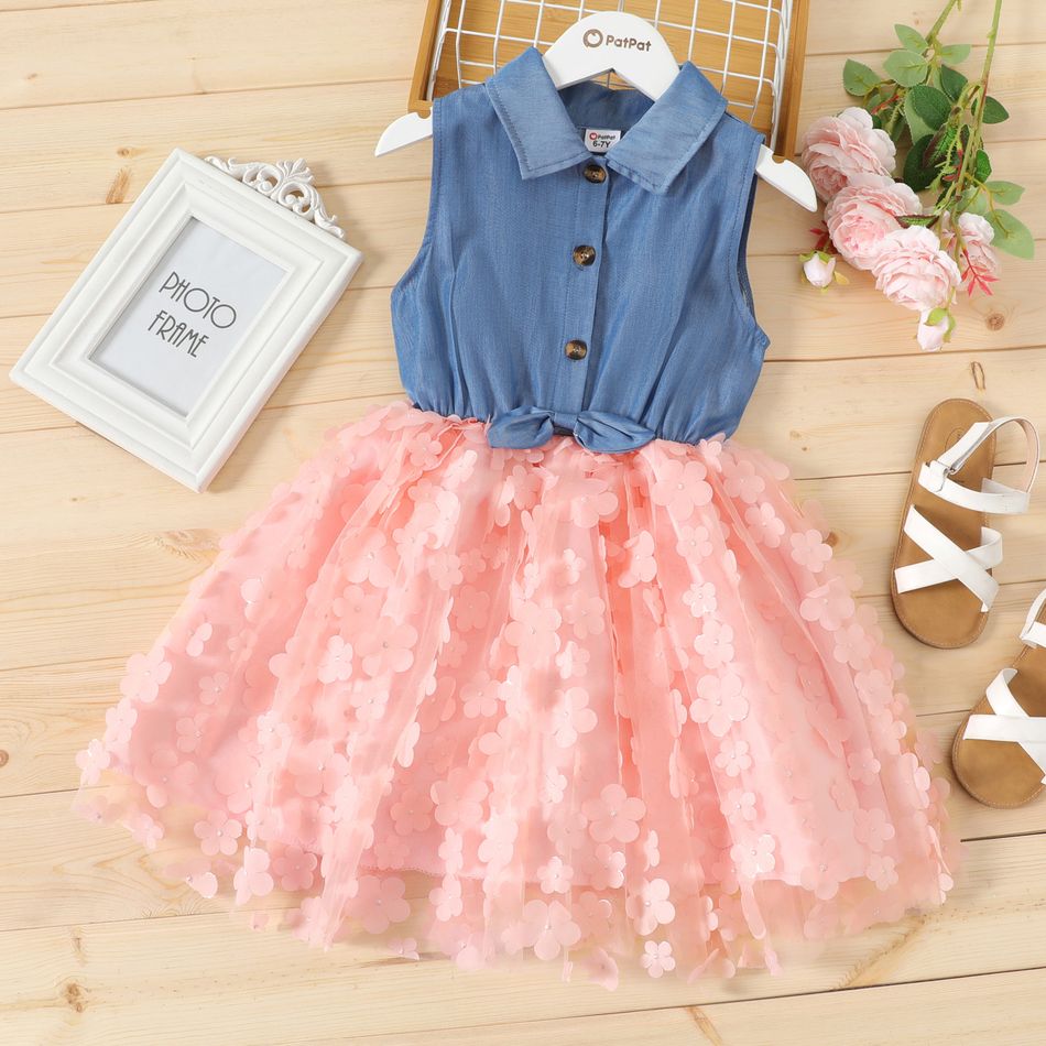 Kid Girl 3D Floral Design Denim Mesh Splice Sleeveless Dress Blue big image 4