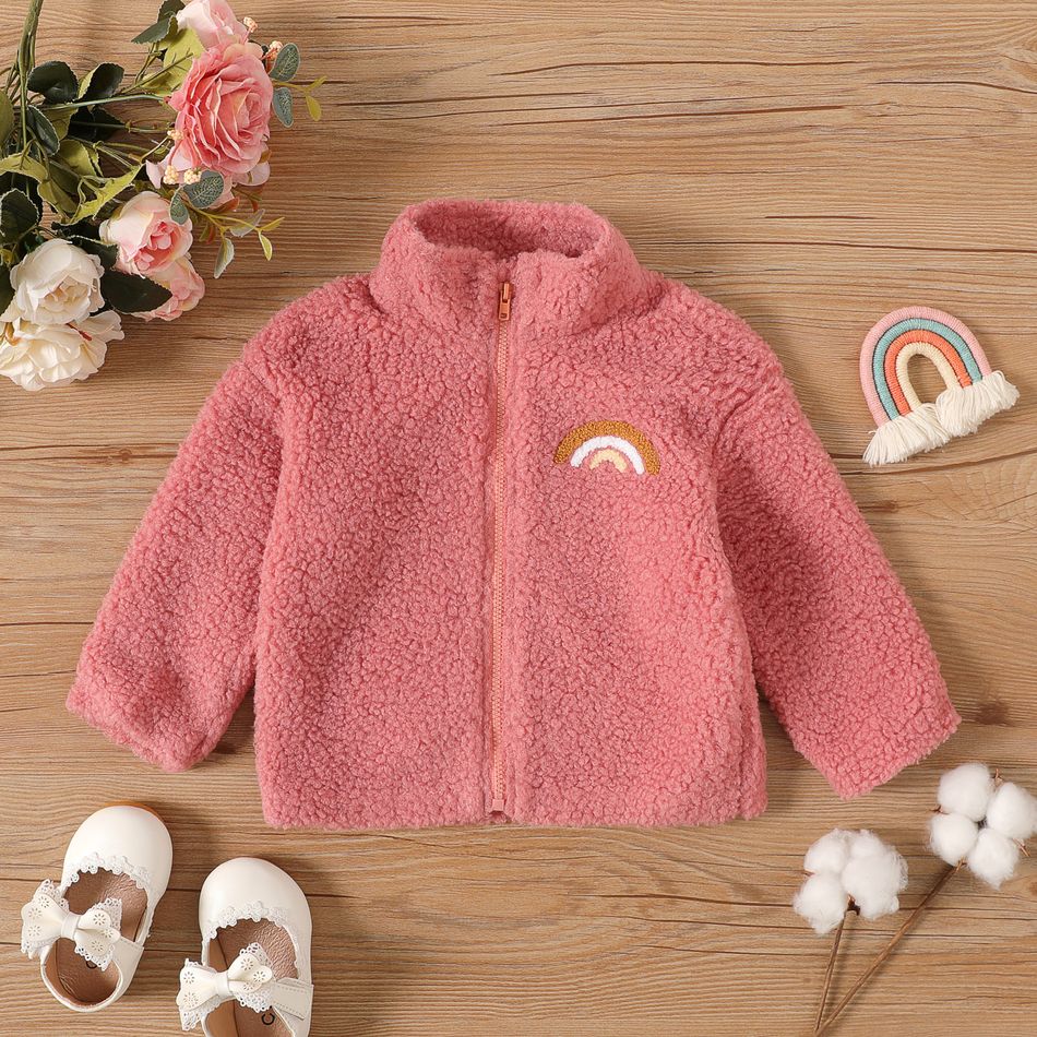 Baby Boy/Girl Rainbow Design Solid Long-sleeve Zipper Fleece Jacket Pink